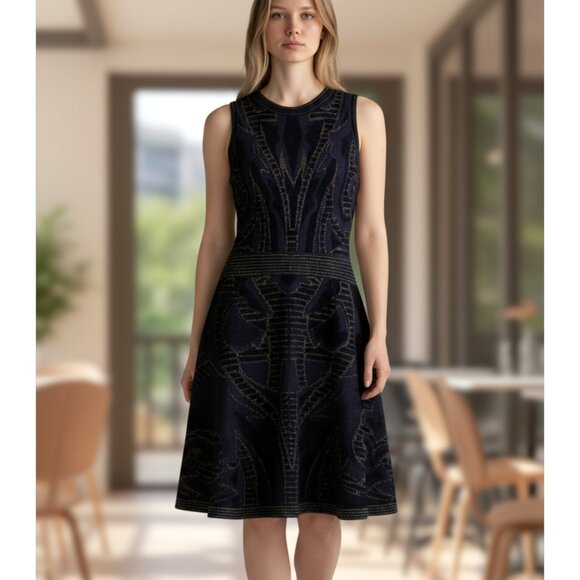 SANDRO Black and Gold Textured Knit Sleeveless Dress Fit & Flare Size Small - Picture 2 of 6